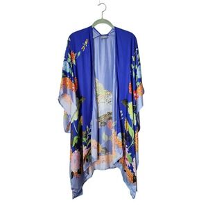MARGOT ELENA Peacock‎ Floral Kimono Duster Robe 100% Bemberg Silk-Feel Blue OS